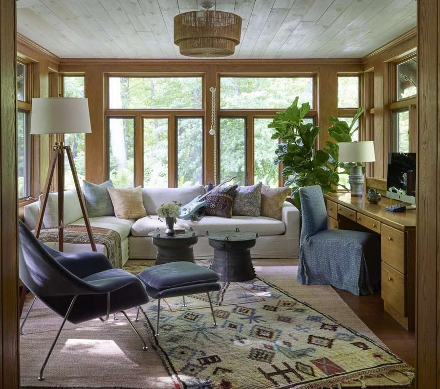 Collected Lodge sunroom after, designed by Kimberly Knight of Twig and Trove Interiors