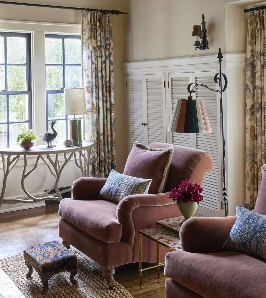 Layered velvet and patterned textiles in the Collected Lodge living room by Twig and Trove Interiors