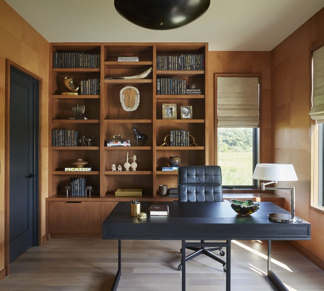 Leather wrapped home office at the Modern Farmhouse by Twig and Trove Interiors