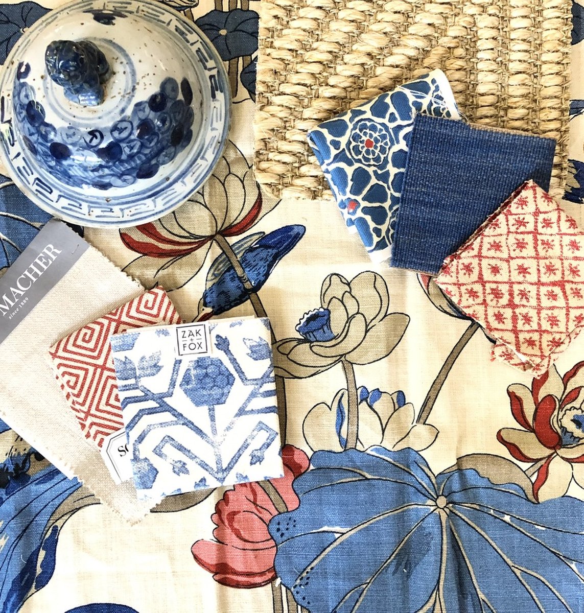 Fabric swatches and textile samples during the design vision phase at Twig and Trove Interiors